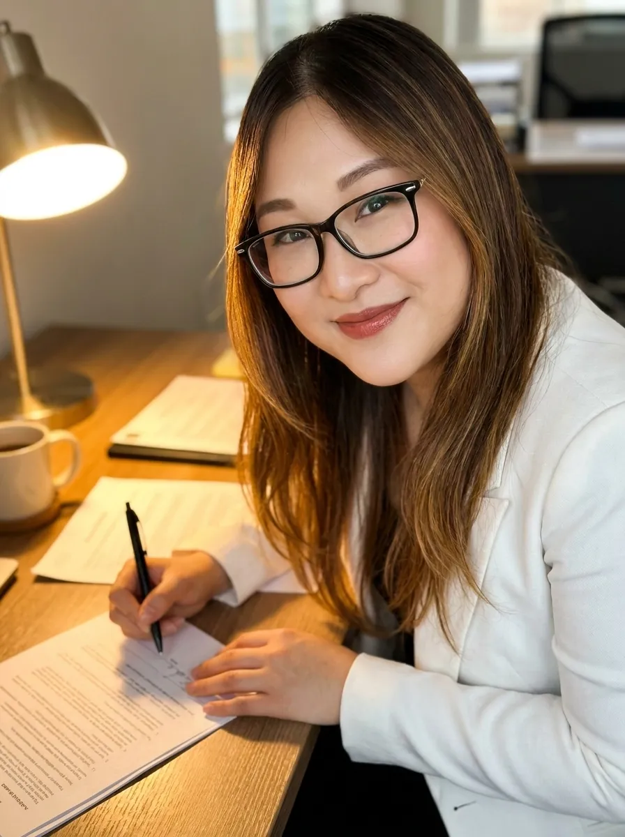 Krystle Wong reviewing trust documentation with a client
