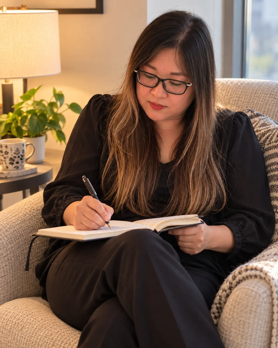 Krystle Wong writing her plan in a notebook